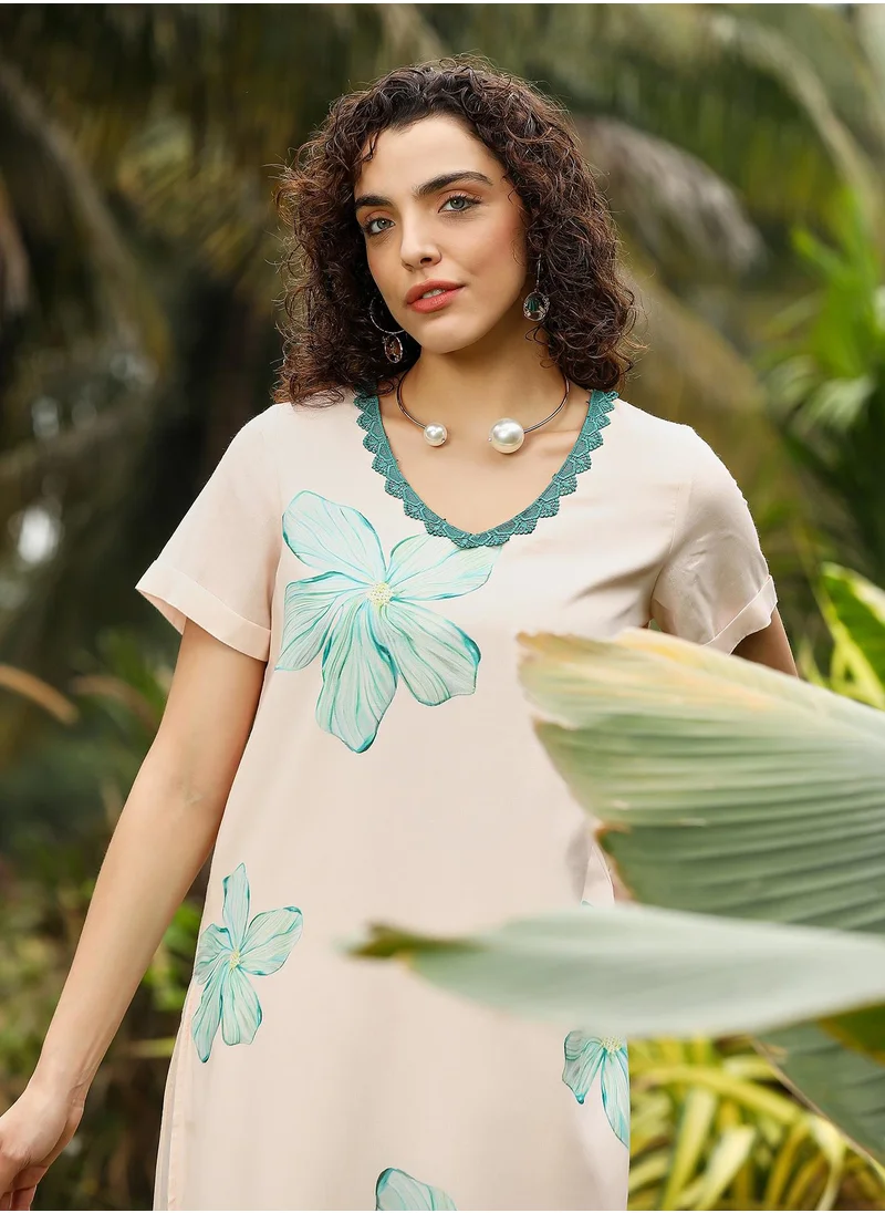 QISSA Women's Soft Pink & Seagreen Chantilly Bloom Kurta Set
