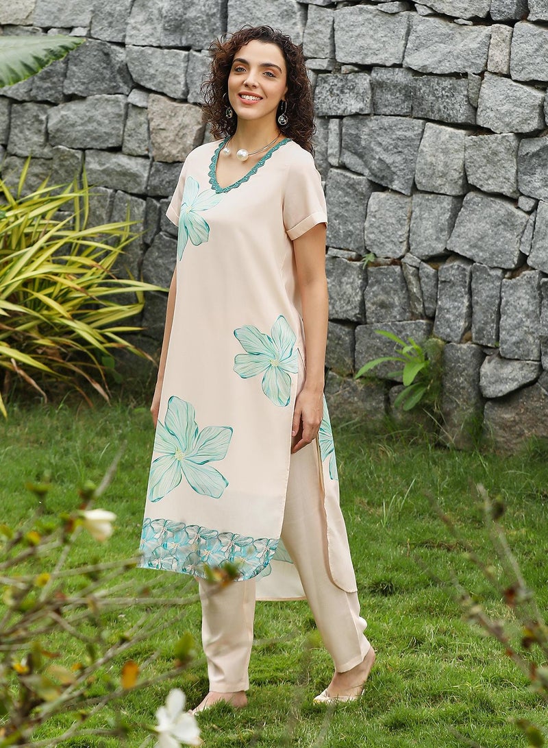 QISSA Women's Soft Pink & Seagreen Chantilly Bloom Kurta Set - Image 3