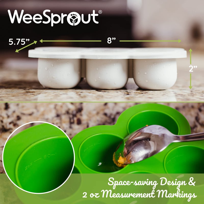 WeeSprout صينية فريزر سيليكون وي سبراوت مع غطاء قابل للتثبيت - حاوية تخزين طعام مثالية لطعام الأطفال المنزلي، الخضار، هريس الفواكه، وحليب الثدي (أخضر زاهي، ستة أقسام سعة 3 أونصات)  - Image 5