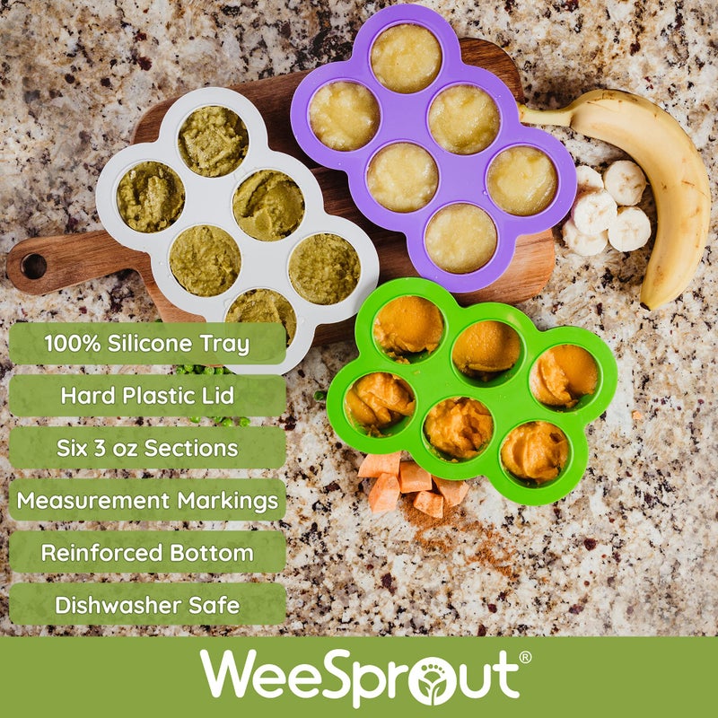 WeeSprout صينية فريزر سيليكون وي سبراوت مع غطاء قابل للتثبيت - حاوية تخزين طعام مثالية لطعام الأطفال المنزلي، الخضار، هريس الفواكه، وحليب الثدي (أخضر زاهي، ستة أقسام سعة 3 أونصات)  - Image 2