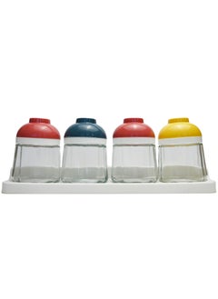 4Pcs Glass Spice Jar Set with Plastic Rack, Clear Spices Container, Food Storage Jars with Rack, Seasoning Jar Set, Condiment Jar, Salt and Pepper Set, Seasoning Organizer Glass Bottle Jars