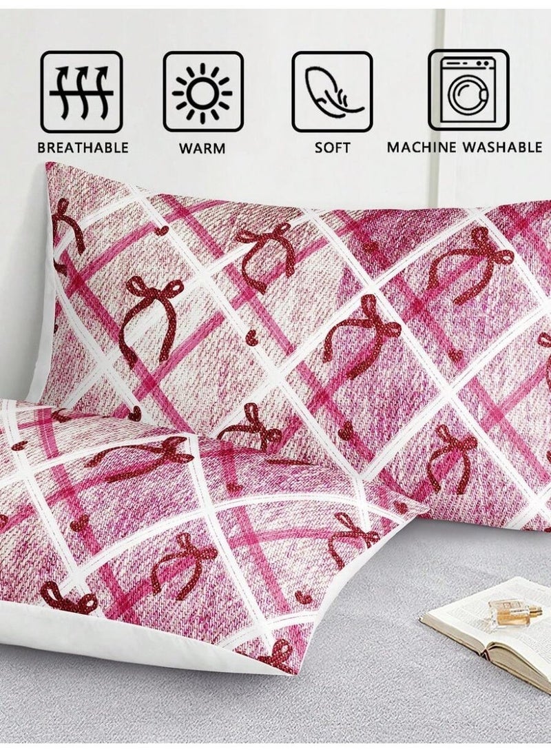 3-Piece Checkered Pink Bedding Set with Ribbon Pattern – 135*200 cm Soft Duvet Cover and Pillowcases - Image 3