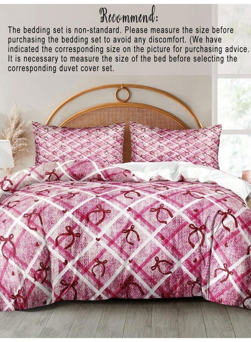3-Piece Checkered Pink Bedding Set with Ribbon Pattern – 135*200 cm Soft Duvet Cover and Pillowcases - Image 2