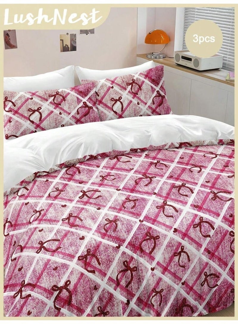 3-Piece Checkered Pink Bedding Set with Ribbon Pattern – 135*200 cm Soft Duvet Cover and Pillowcases - Image 1