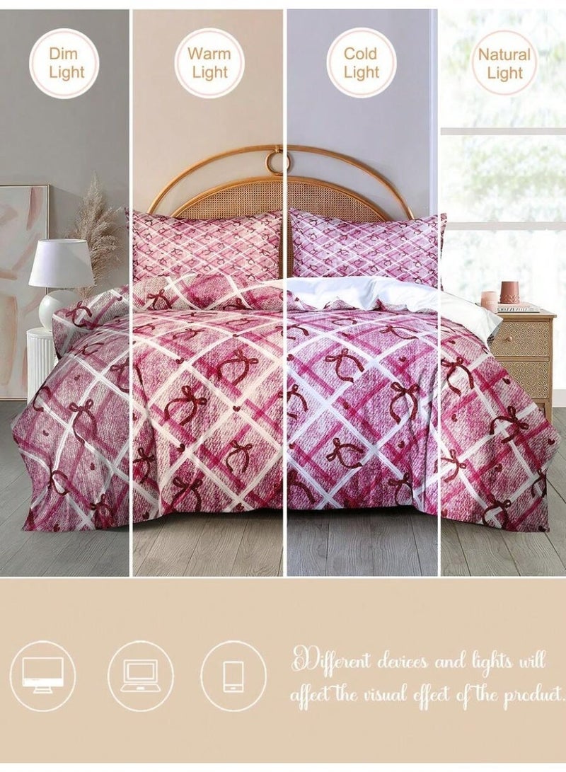 3-Piece Checkered Pink Bedding Set with Ribbon Pattern – 135*200 cm Soft Duvet Cover and Pillowcases - Image 4