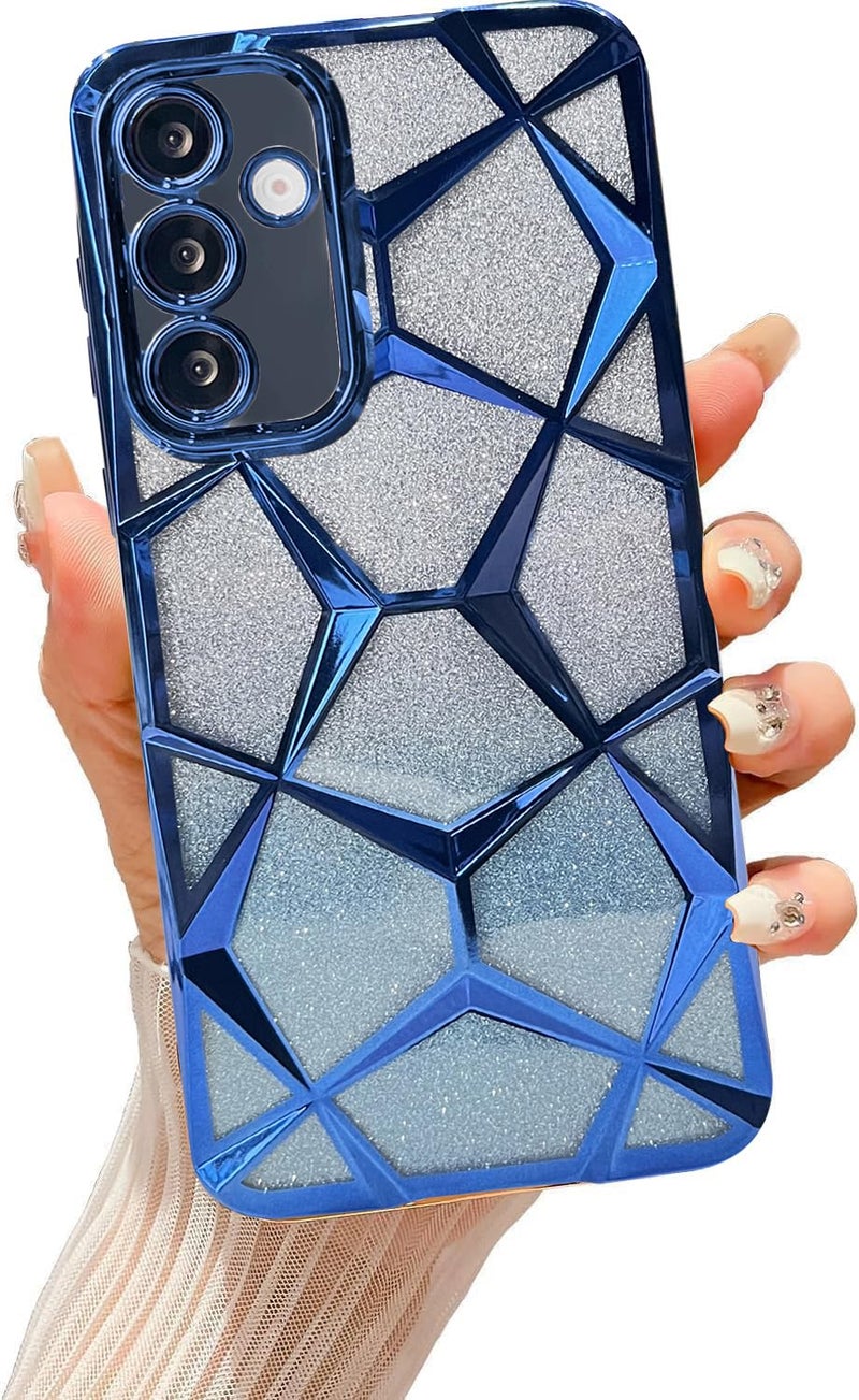VONZEE Gradient Glitter Case for Samsung A55, Luxury Electroplated 3D Cube, Diamond Bling Shiny Soft TPU Clear Shockproof Women Girls Protective Phone Cover (Blue) - Image 1
