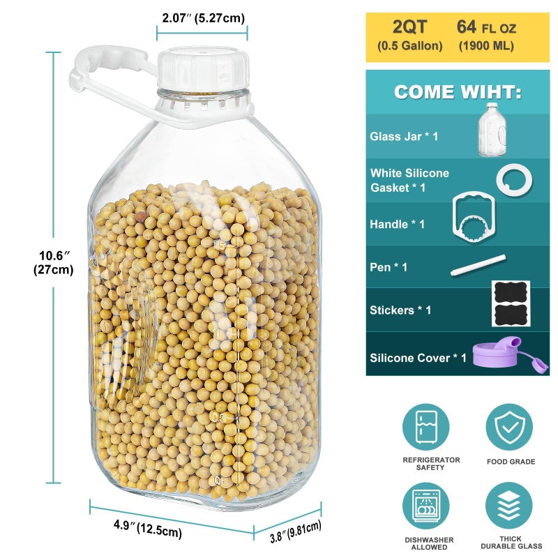 Ritayedet 64 Oz Heavy Duty Glass Milk Bottle with Reusable Airtight Strong SCREW LID - 1/2 Gallon Water Bottles with Scale Lines - 2 Qt Glass Milk Jug Pitcher - Extra Gaskets & Handle! - Image 3