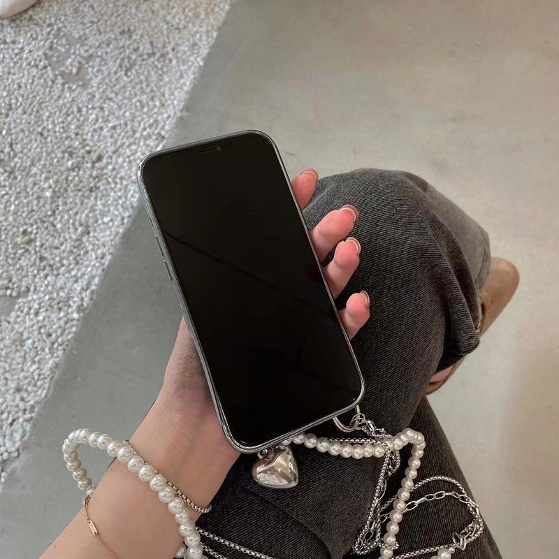 17 Korean Heart Pearl Diagonal Chain Xr Suitable for Iphone13 Apple 12Promax Electroplated Transparent Shell 15 - Image 4