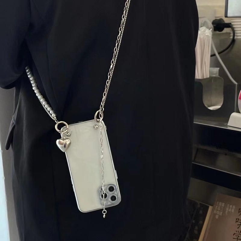 17 Korean Heart Pearl Diagonal Chain Xr Suitable for Iphone13 Apple 12Promax Electroplated Transparent Shell 15 - Image 2