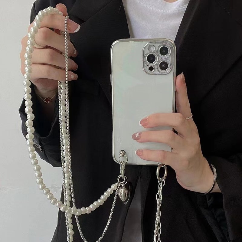 17 Korean Heart Pearl Diagonal Chain Xr Suitable for Iphone13 Apple 12Promax Electroplated Transparent Shell 15 - Image 1