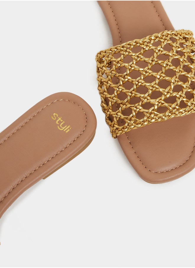 Styli Woven Design Open Toe Flat Sandals  - Image 3