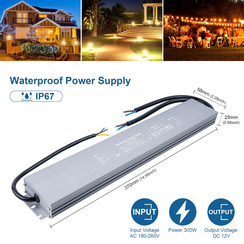 Generic VARICART Outdoor IP67 Waterproof LED Driver 12V 300W 25A, Ultra Slim LED Transformer 240 to 12V DC, Constant Voltage PSU Adaptor, Regulated Power Supply for Garden LED Light Strip G4 MR16 Bulb  - Image 2