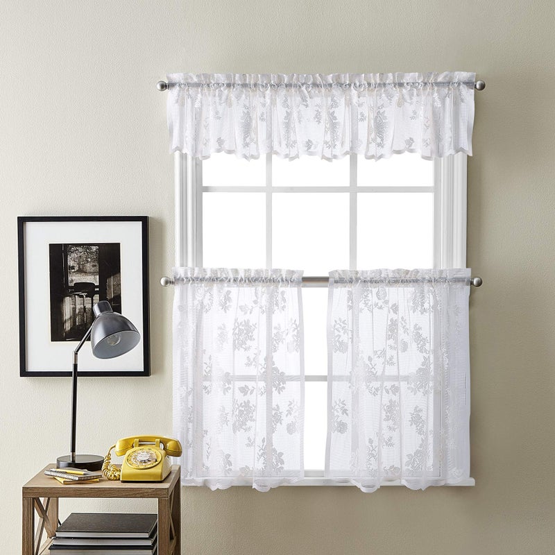 Curtainworks Sibella Lace Kitchen Curtain Window Rod Pocket 14 in Valance White