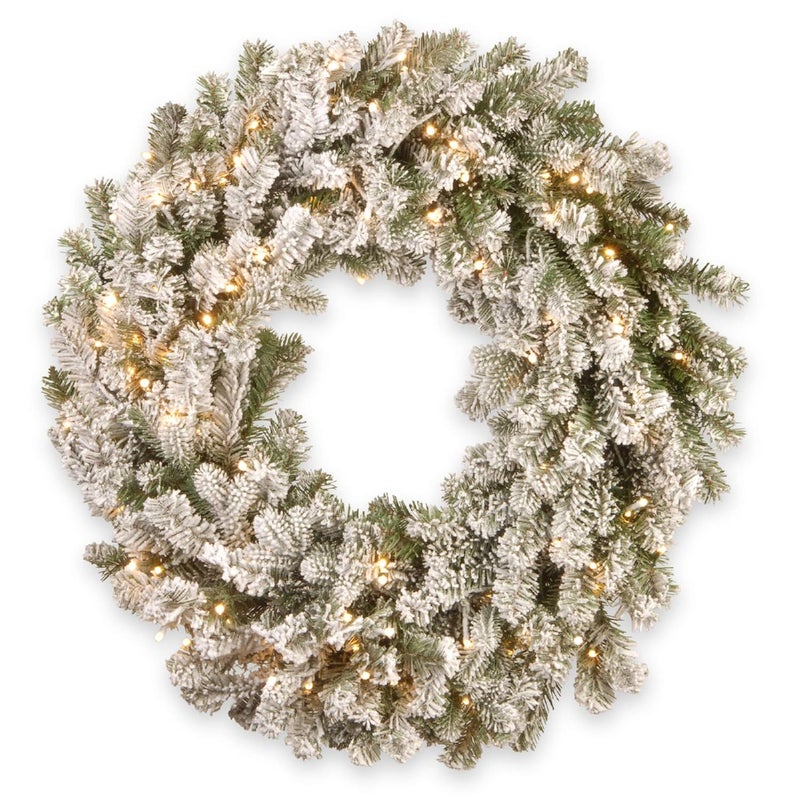 National Tree Company National Tree 30 Inch Feel Real Snowy Sheffield Spruce Wreath with 100 Battery Operated Warm White LED Lights with Timer PESL330030WB - Image 1