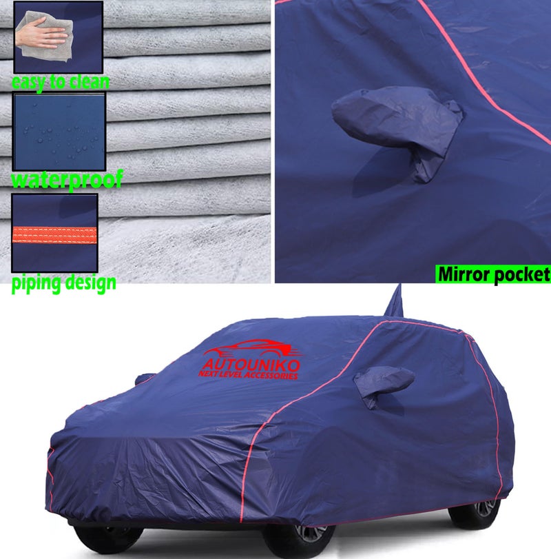 AUTOUNIKO Waterproof Car Body Cover For New Maruti Suzuki Dzire With Mirror And Antenna Pocket And Soft Cotton Lining (Full Bottom Elastic Triple Stitched) (Dark Blue With Red Piping) - Image 5