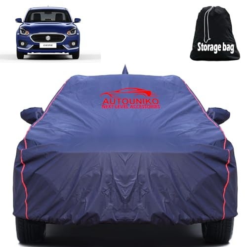 AUTOUNIKO Waterproof Car Body Cover For New Maruti Suzuki Dzire With Mirror And Antenna Pocket And Soft Cotton Lining (Full Bottom Elastic Triple Stitched) (Dark Blue With Red Piping) - Image 1