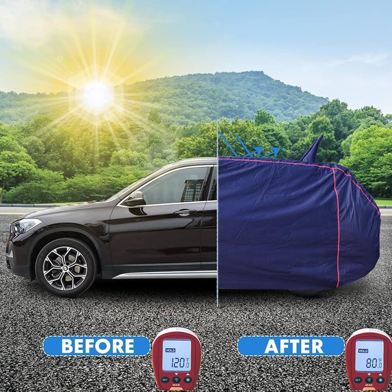 AUTOUNIKO Waterproof Car Body Cover For New Maruti Suzuki Dzire With Mirror And Antenna Pocket And Soft Cotton Lining (Full Bottom Elastic Triple Stitched) (Dark Blue With Red Piping) - Image 4