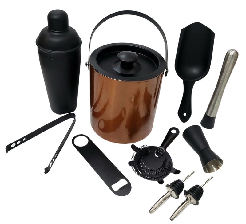 Proniks Stainless Steel Bar kit with Ice Bucket Cocktail Shaker750ml with Other Accessories 10pieces kit in Gold and Black for Mini bar Cocktail Parties Home bar and Other Bars Small - Image 1