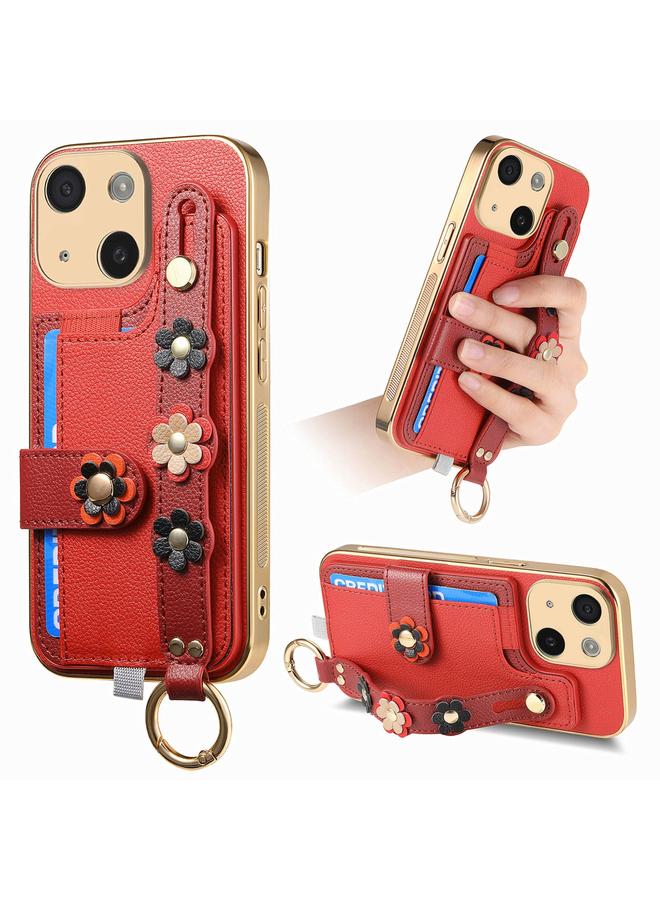 اس-توب جراب لهاتف iPhone 14 Plus مع سوار معصم وحقيبة بطاقة وحافظة هاتف مجسمة بأزهار - Image 1
