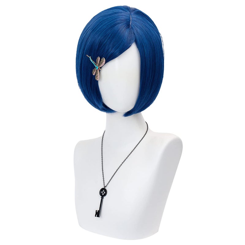 TSNOMORE Dark Blue Bob Cosplay Wig for Women Short Straight Synthetic Wig with Key Necklace and Dragonfly Hairclip Halloween Costume Party Cosplay Wig for Aldult ADark blue