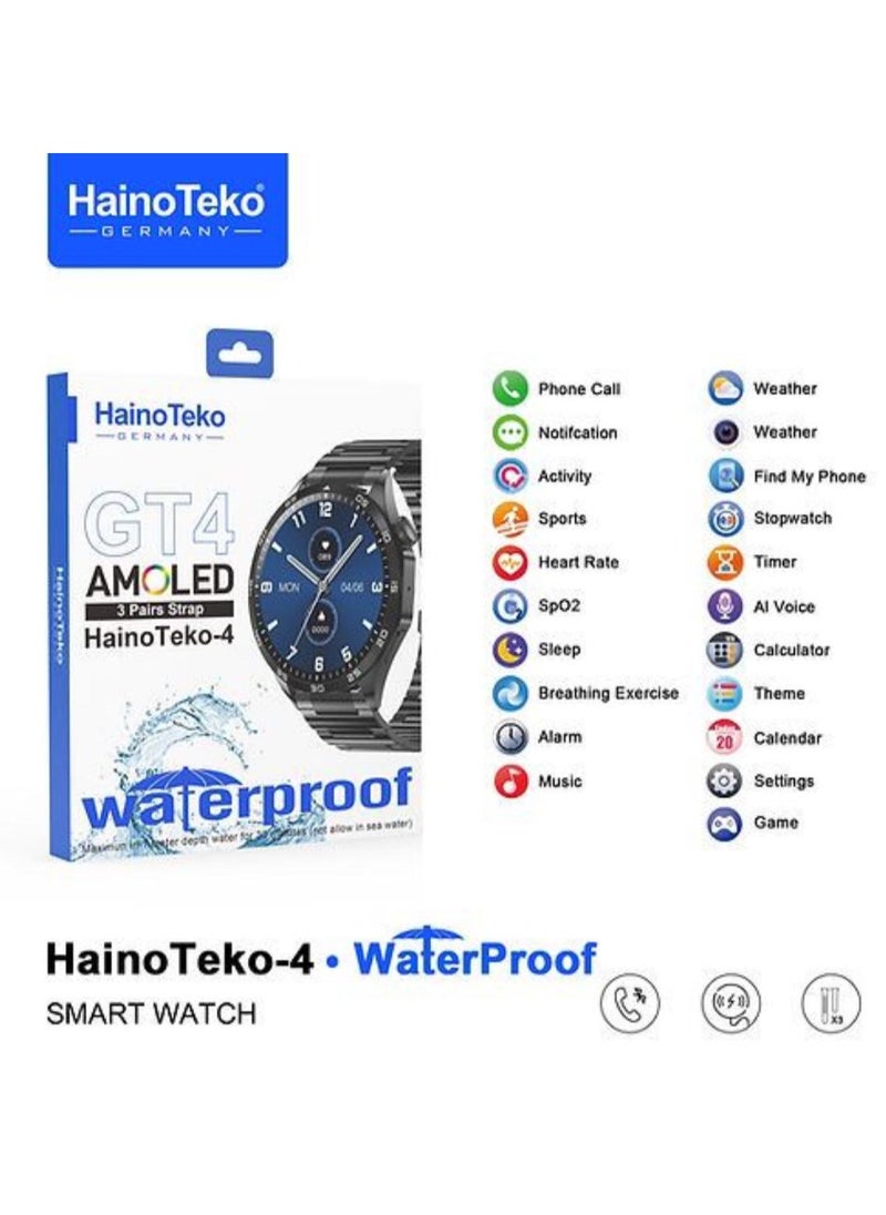 هينو تيكو - ساعة GT4 الذكية بشاشة AMOLED دائرية مع أحزمة وشاحن لاسلكي باللون الفضي - Image 1