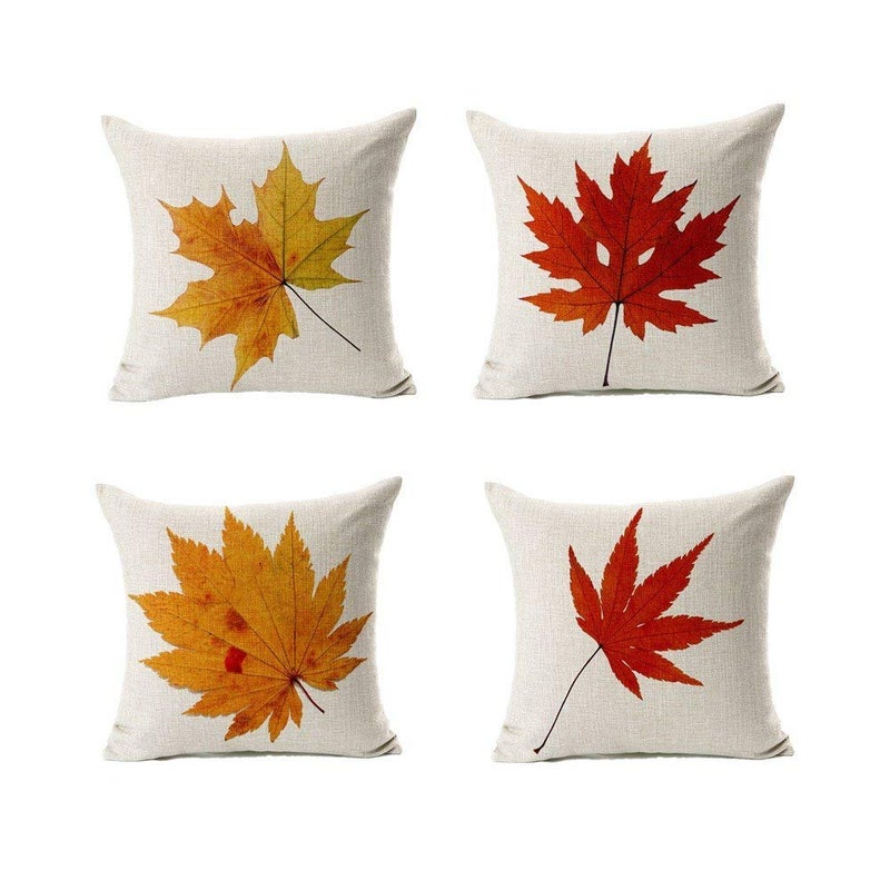 All Smiles Fall Throw Pillow Covers 18x18 Set of 4 Decorative Thanksgiving Autumn Kitchen Home Decor Cushion for Porch CouchOutside Outdoor Harvest Decorations Maple Leaves