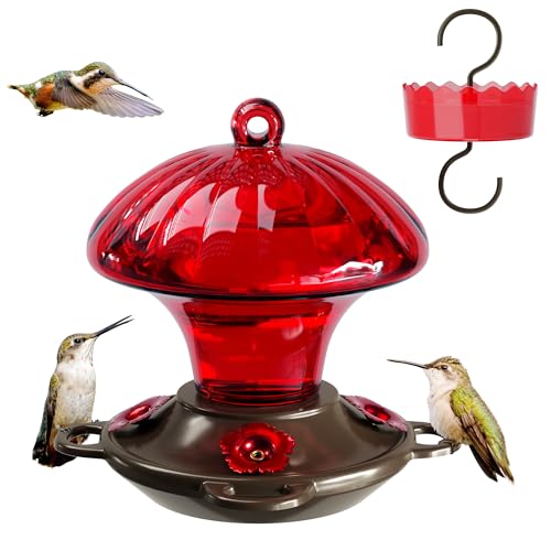 Auslar Hummingbird Feeder, Auslar 15 Ounces Glass Hummingbird Feeders for Outdoors Hanging Ant and Bee Proof, Ant Moat & 4 Flower Feeding Ports, Rustproof, Leakproof, Mushroom Shape, Red - Image 1