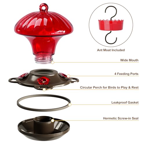 Auslar Hummingbird Feeder, Auslar 15 Ounces Glass Hummingbird Feeders for Outdoors Hanging Ant and Bee Proof, Ant Moat & 4 Flower Feeding Ports, Rustproof, Leakproof, Mushroom Shape, Red - Image 5