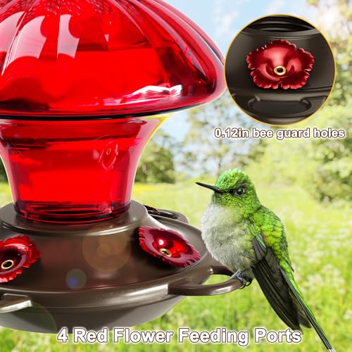 Auslar Hummingbird Feeder, Auslar 15 Ounces Glass Hummingbird Feeders for Outdoors Hanging Ant and Bee Proof, Ant Moat & 4 Flower Feeding Ports, Rustproof, Leakproof, Mushroom Shape, Red - Image 4