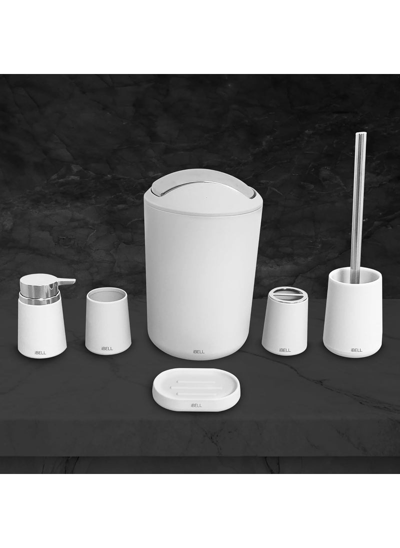 iBELL iBELL 6-Piece Plastic Bathroom Accessories Set – Includes Toothbrush Holder, Toothbrush Cup, Soap Dispenser, Soap Dish, Toilet Brush Holder, and Trash Can, White  - Image 1