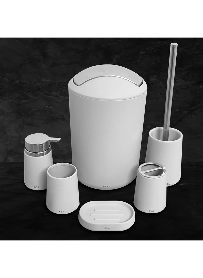 iBELL iBELL 6-Piece Plastic Bathroom Accessories Set – Includes Toothbrush Holder, Toothbrush Cup, Soap Dispenser, Soap Dish, Toilet Brush Holder, and Trash Can, White  - Image 2