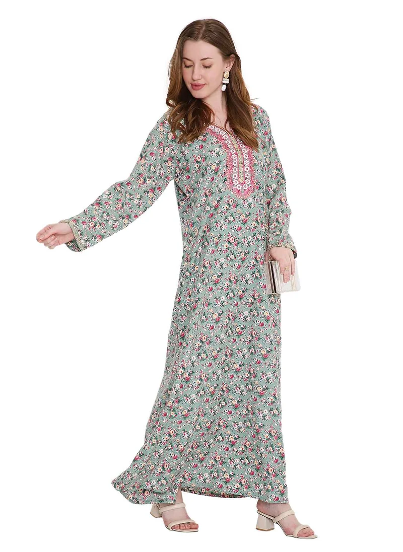هانا آند سارا classic long viscose printed farasha with elegant thread embroidery arabic kaftan jalabiya dress