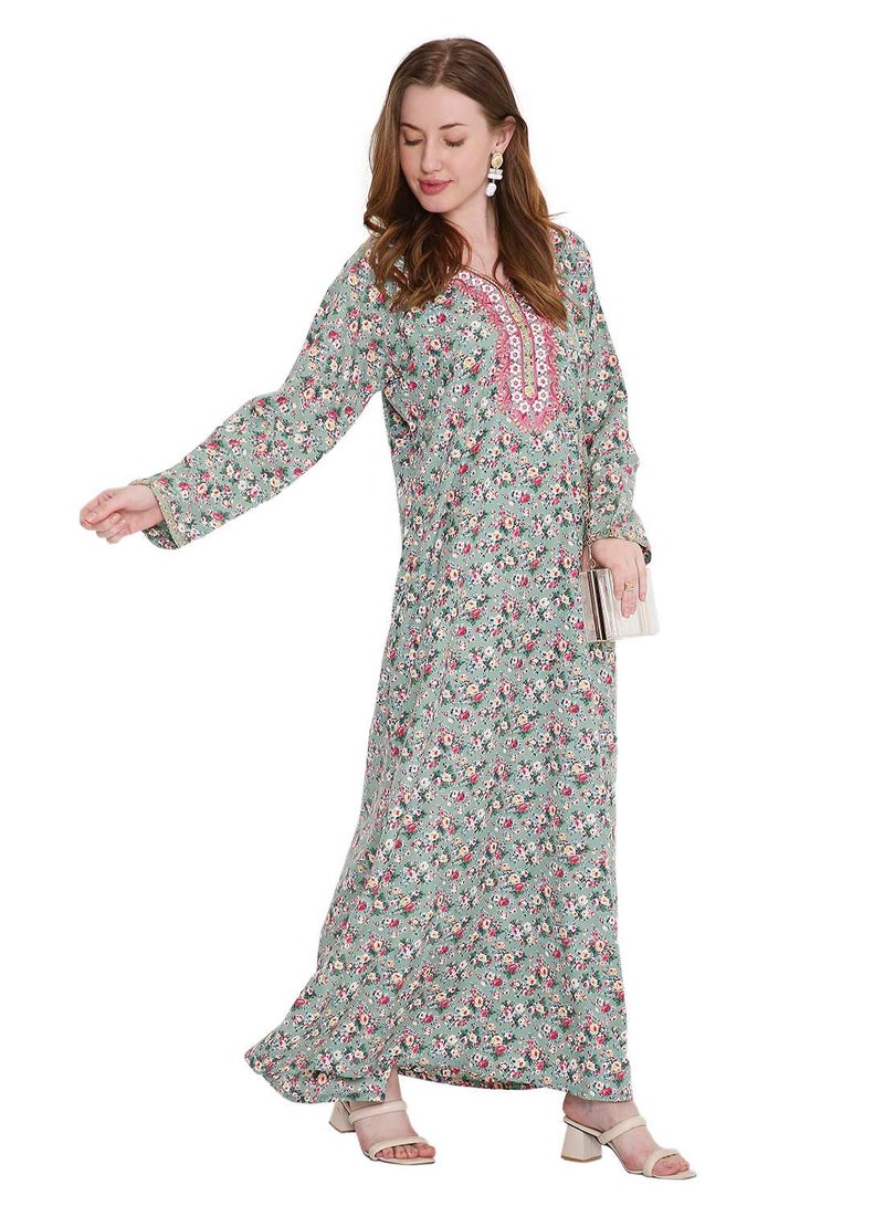 هانا آند سارا جلابية كفتان كلاسيكية طويلة من الفيسكوز بطبعة وتطريز خيوط أنيق - Image 1