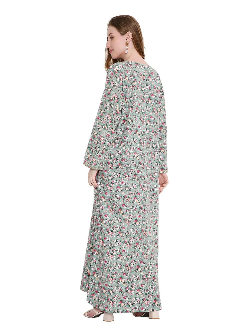 هانا آند سارا classic long viscose printed farasha with elegant thread embroidery arabic kaftan jalabiya dress