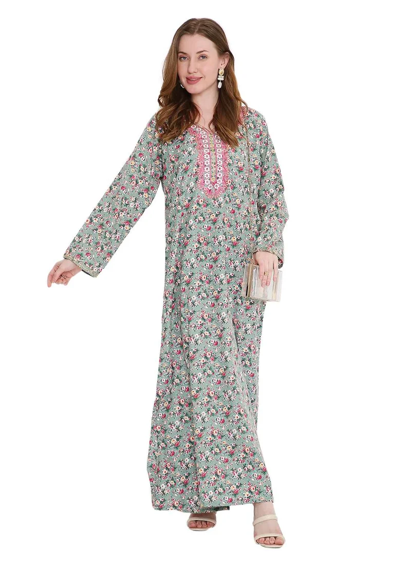 HANA & SARA classic long viscose printed farasha with elegant thread embroidery arabic kaftan jalabiya dress