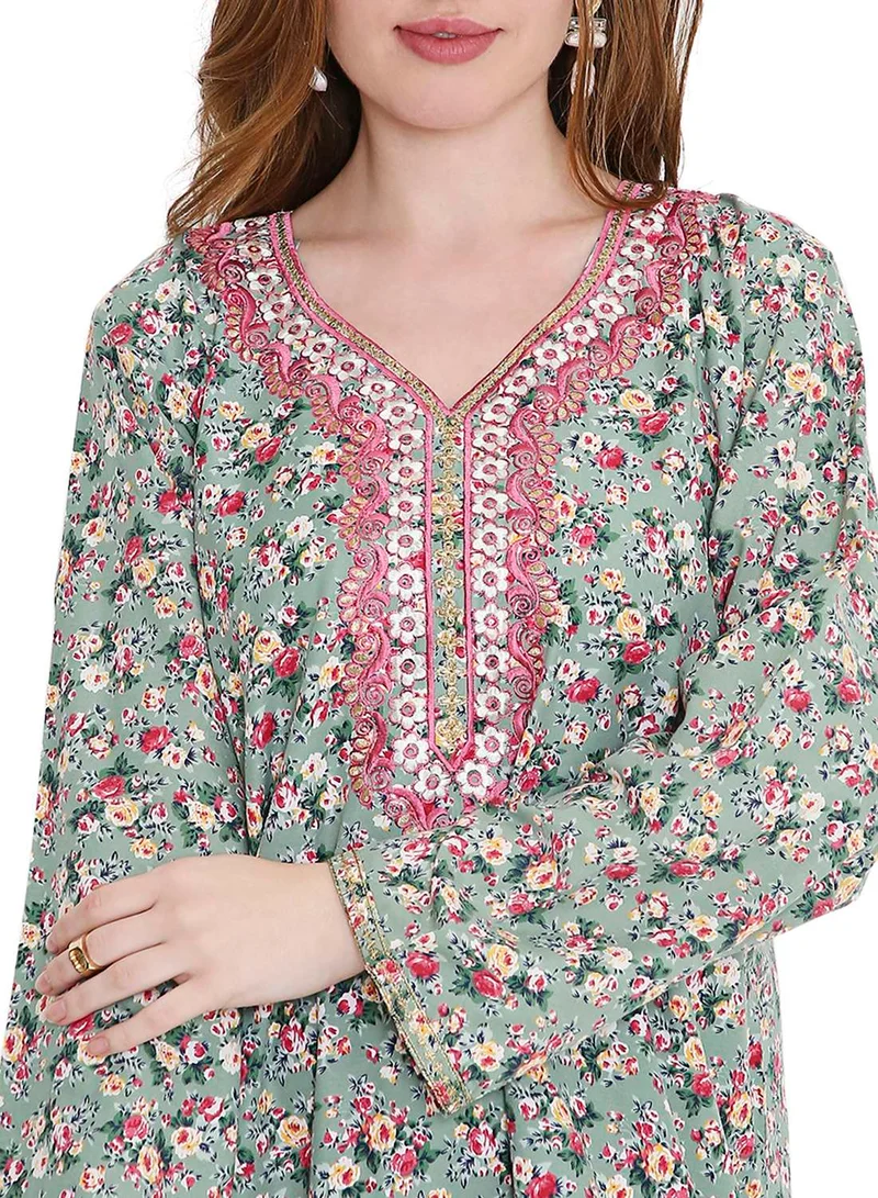 HANA & SARA classic long viscose printed farasha with elegant thread embroidery arabic kaftan jalabiya dress