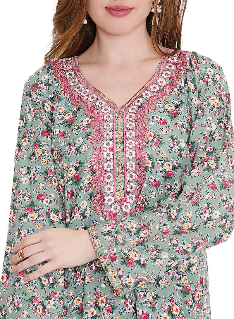 هانا آند سارا جلابية كفتان كلاسيكية طويلة من الفيسكوز بطبعة وتطريز خيوط أنيق - Image 3