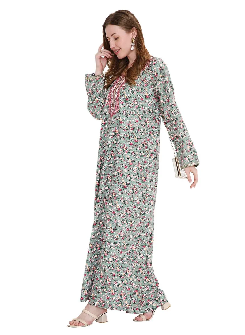 HANA & SARA classic long viscose printed farasha with elegant thread embroidery arabic kaftan jalabiya dress