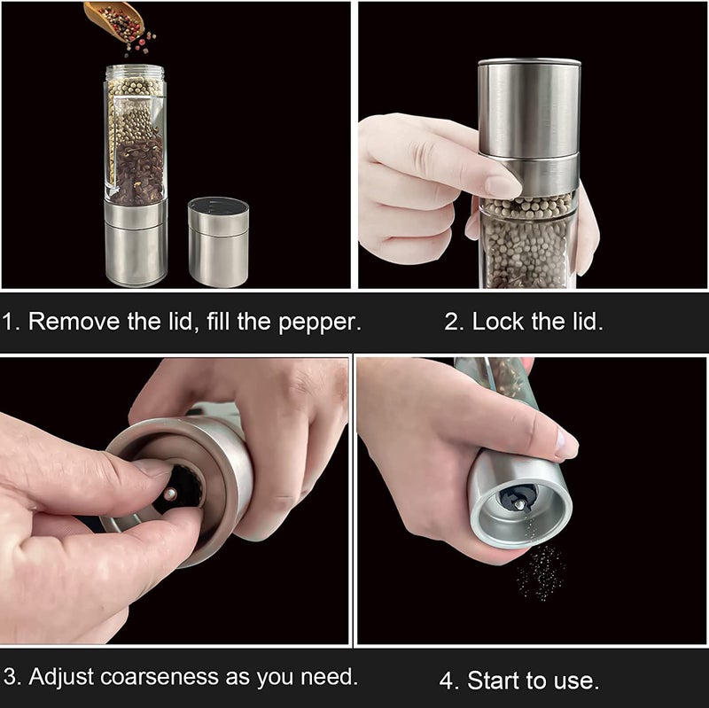 VALAMJI Stainless Steel Glass Body 2 in 1 Salt and Paper Grinder with Adjustable Ceramic Manual Spice Mill Crusher for Kitchen Tool Silver 1PCS - Image 3