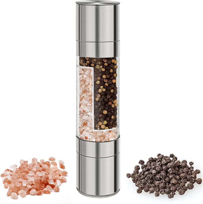 VALAMJI Stainless Steel Glass Body 2 in 1 Salt and Paper Grinder with Adjustable Ceramic Manual Spice Mill Crusher for Kitchen Tool Silver 1PCS - Image 1