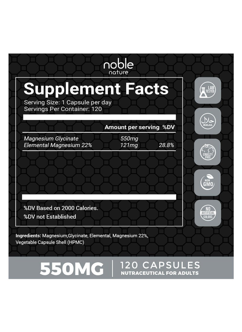 noble nature - Magnesium Glycinate High Absorption 550MG 120 Veg Capsules - Image 1
