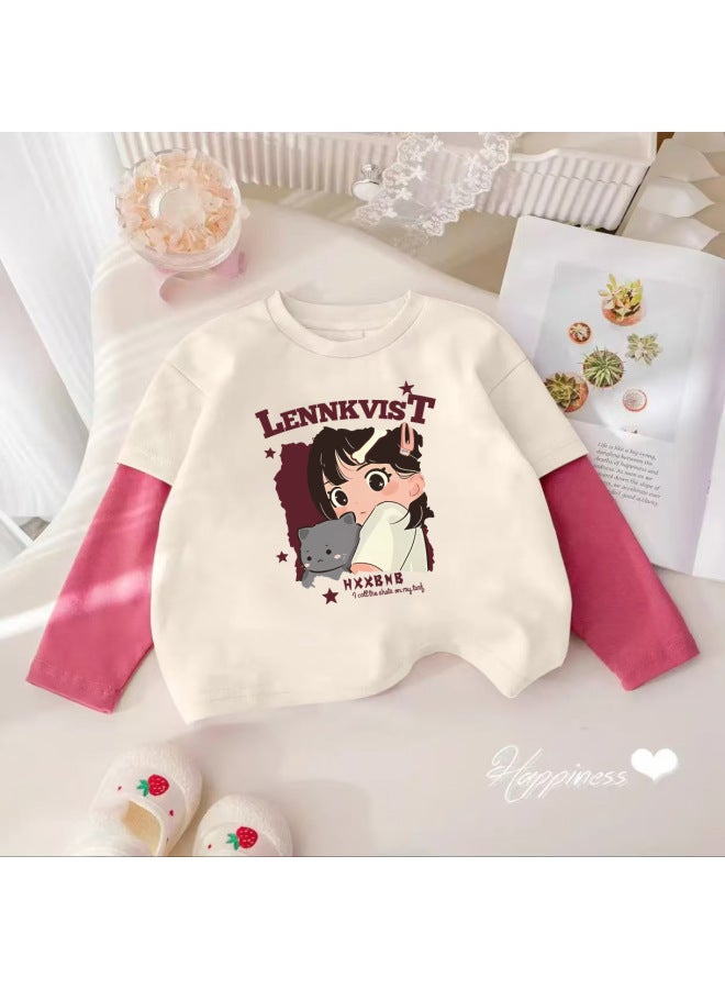 Girls' Long-sleeve T-shirt, Autumn Pure Cotton Round Neck, Faux Two-piece Cartoon Stylish Little Girl Base Shirt, Children's Trendy Top