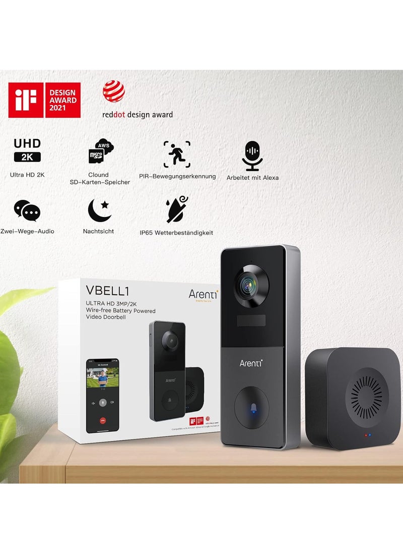 Arenti - ARENTI 2K Video Doorbell Wireless with Chime, WiFi Smart Doorbell with Rechargeable Battery Operated, Motion Detection IP65 Weatherproof Tamper Detection, 2-Way Audio Night Vision - Image 1