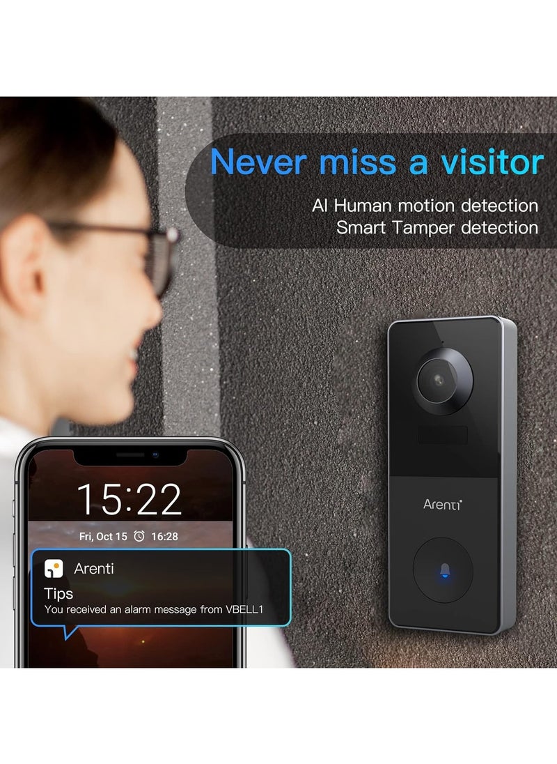 Arenti - ARENTI 2K Video Doorbell Wireless with Chime, WiFi Smart Doorbell with Rechargeable Battery Operated, Motion Detection IP65 Weatherproof Tamper Detection, 2-Way Audio Night Vision - Image 1