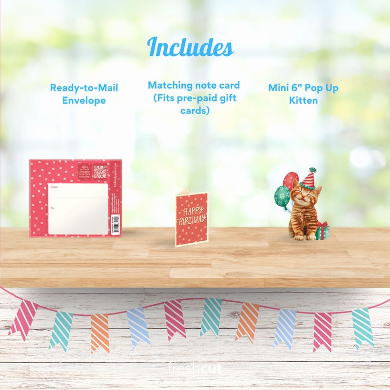 Freshcut Paper Pop Up Cards, Mini Birthday Kitten, 6 Inch Mini Sized 3D Cat Gifts, Popup Greeting Card, Birthday Cards, Paper Cat Cards, Blank Notecard & Envelope - Image 3