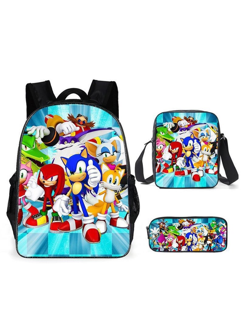 Sonic student large capacity backpack three piece set, anime cartoon backpack, shoulder bag pen bag