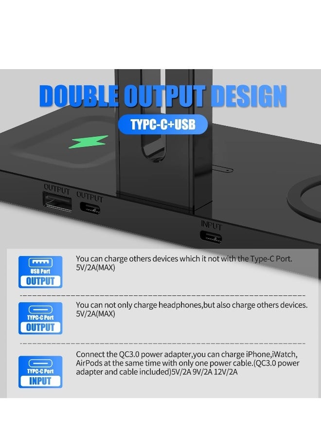 Generic - Headphone Stand with Wireless Charger Headset Holder 2 Type USB C Port 3 in 1 Fast Wireless Charging Station Dock for AirPods Max AirPods Pro 2 iPhone 13 12 11 Series and All Headphones - Image 1