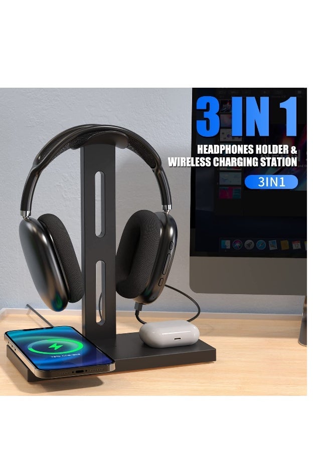 Generic - Headphone Stand with Wireless Charger Headset Holder 2 Type USB C Port 3 in 1 Fast Wireless Charging Station Dock for AirPods Max AirPods Pro 2 iPhone 13 12 11 Series and All Headphones - Image 1