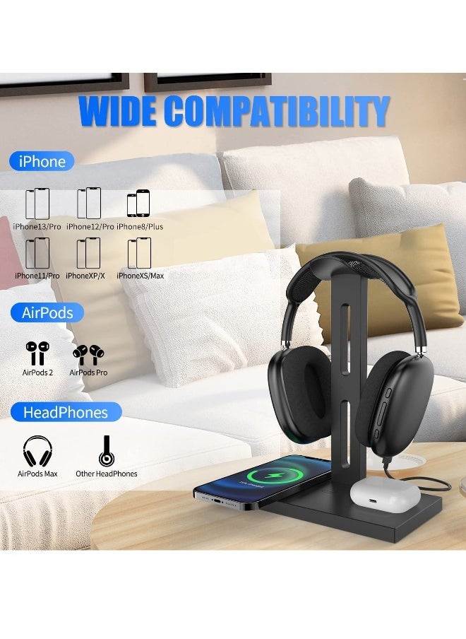 Generic - Headphone Stand with Wireless Charger Headset Holder 2 Type USB C Port 3 in 1 Fast Wireless Charging Station Dock for AirPods Max AirPods Pro 2 iPhone 13 12 11 Series and All Headphones - Image 1