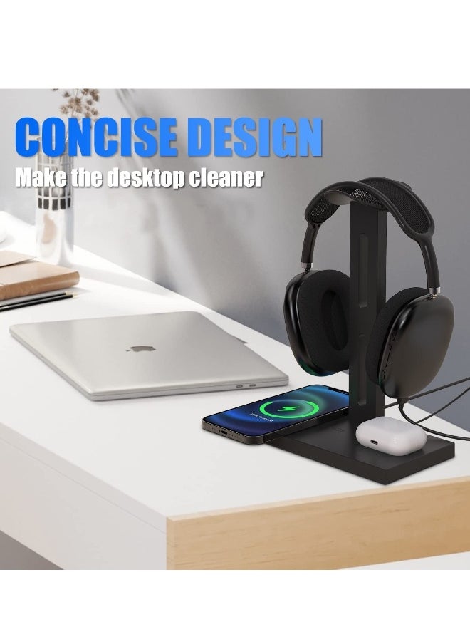Generic - Headphone Stand with Wireless Charger Headset Holder 2 Type USB C Port 3 in 1 Fast Wireless Charging Station Dock for AirPods Max AirPods Pro 2 iPhone 13 12 11 Series and All Headphones - Image 1